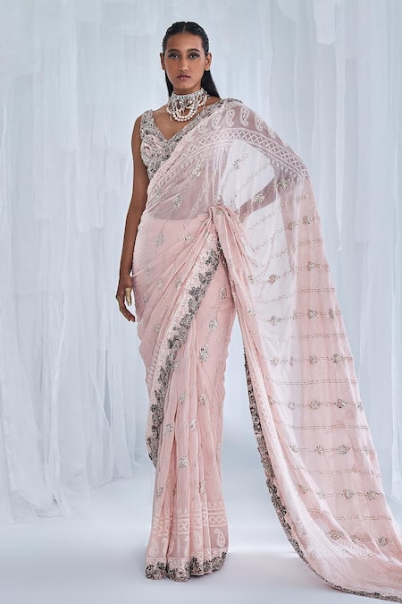 Dolly J Pink Georgette Chiffon Embroidery Beads And Sequin V Kamdani Chikankari Saree Set