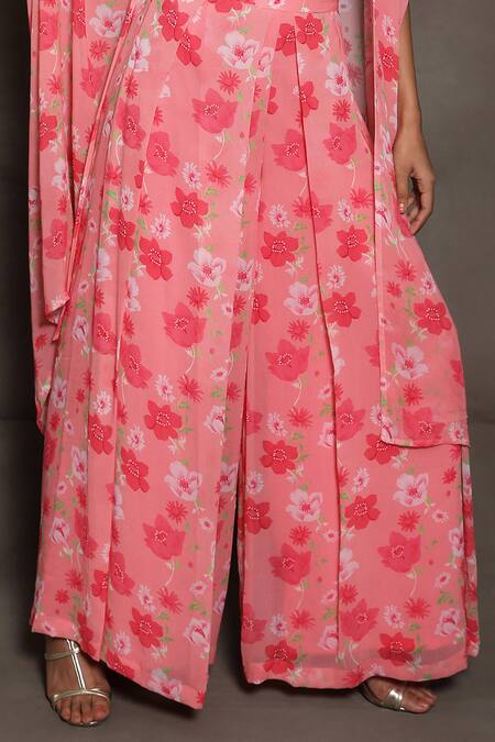 Namrata Lakhotia_Pink Crepe Embroidery Cape Open Bustier Printed And Palazzo Set  _Online_at_Aza_Fashions