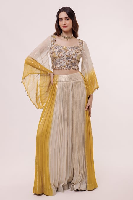 Onaya Beige Georgette Hand Embroidered Floral Square Neck Blouse And Flared Pant Set