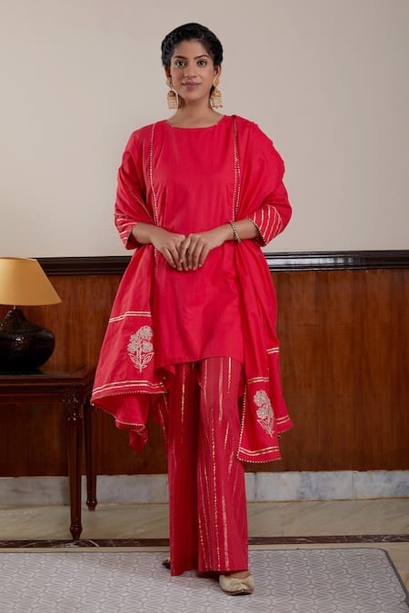 Kefi Collections Red Soft Cotton Woven And Hibiscus Asymmetric Kurta Palazzo Set  