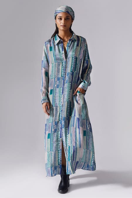 KLAD Satin Printed Maxi Dress With Belt 