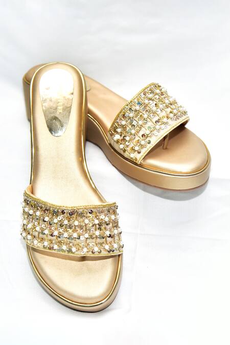 Shop_Foot Fuel_Gold Sequins, Zari Amorr Embellished Wedges _Online_at_Aza_Fashions
