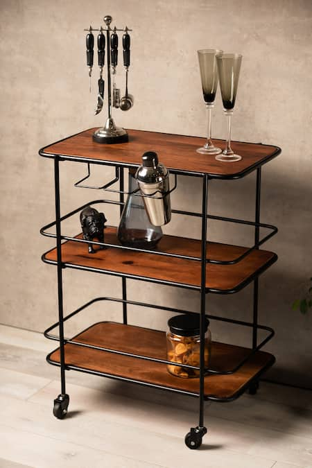 S.G. Home Black Metal And Wood Mid-century Bar Cart 