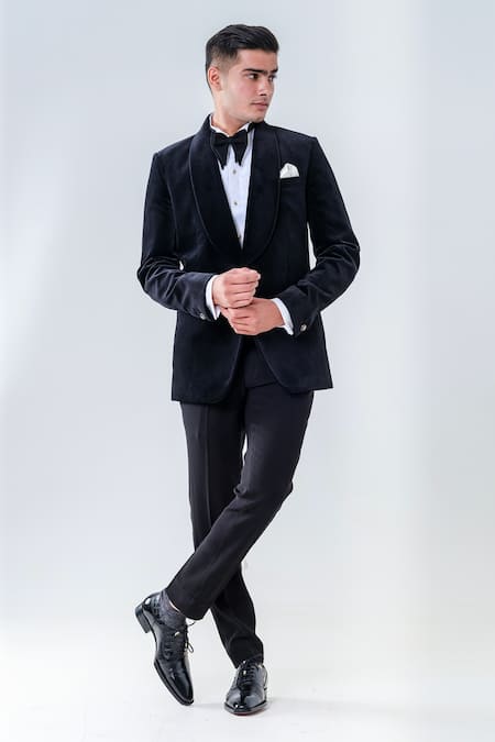 Amrit Dawani Black Velvet, Cotton Shawl Lapel Collar Tuxedo Set 
