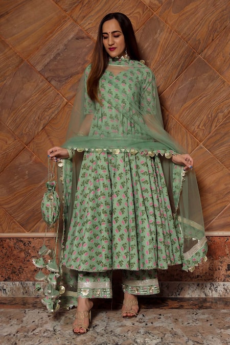 POMCHA JAIPUR Green Print Floral V Neck Calico Anarkali Set 