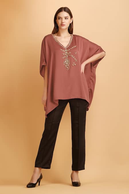 Label Ivish Beige Modal, Satin Embroidery V-neck Jewel Embellished Kaftan Set 