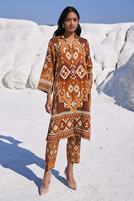 Dash and Dot Aztec Print Long Top With Pant 