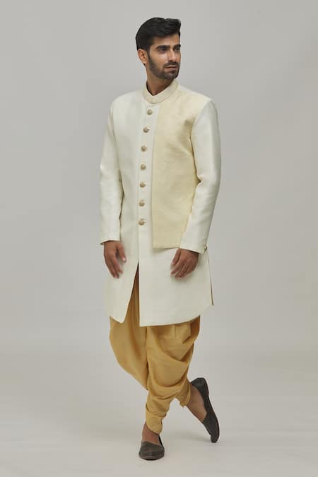 Arihant Rai Sinha Cream Pant Art Silk Woven Geometric Placement Sherwani Set 