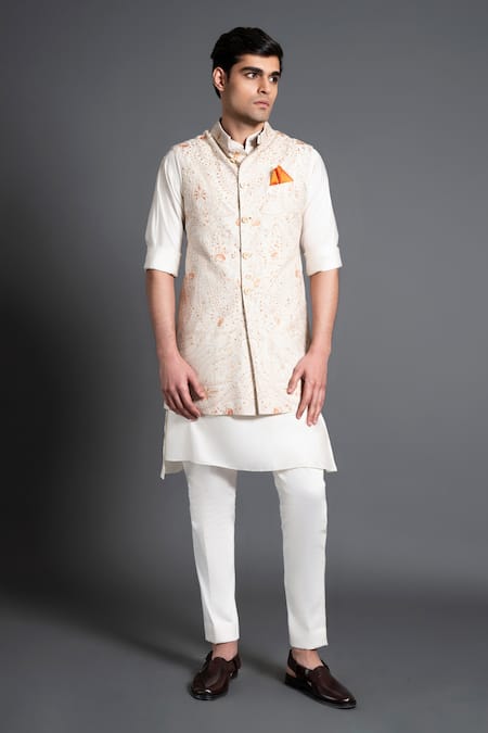 Raghavendra Rathore Jodhpur Off White Silk Embroidered Floral Jaal Waistcoat 