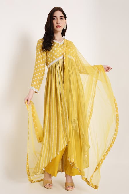Bha Sha Yellow Muslin, Net, Silk Beads V-neck Aashi Bandhani Print Anarkali Set