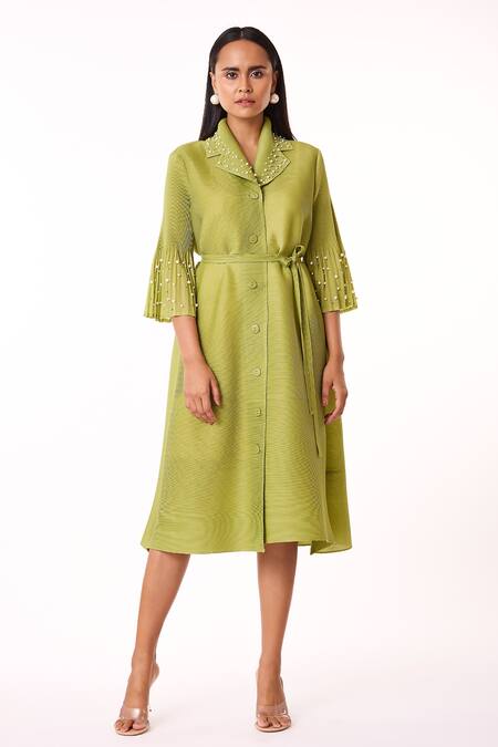 Scarlet Sage Green Polyester Pearls Collared Embellished A-line Shirt Dress