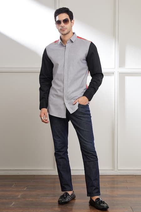 Buy Grey Cotton Plain Two Tone Shirt For Men by Seven Online at