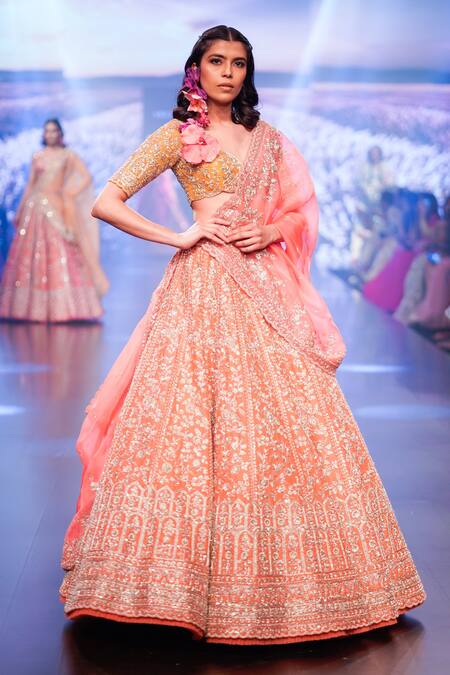 Anushree Reddy Orange Organza Embroidery Zari Nirvana Flower Vine Bridal Lehenga Set  