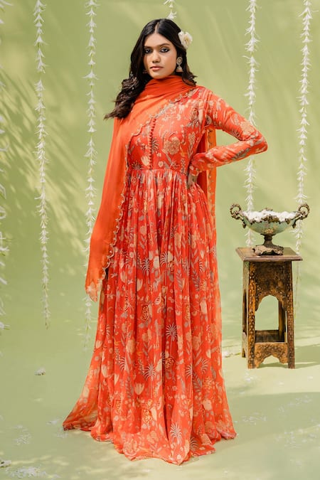 Redpine Designs Orange Viscose Georgette Printed Floral V Hand Embroidered Anarkali With Dupatta 