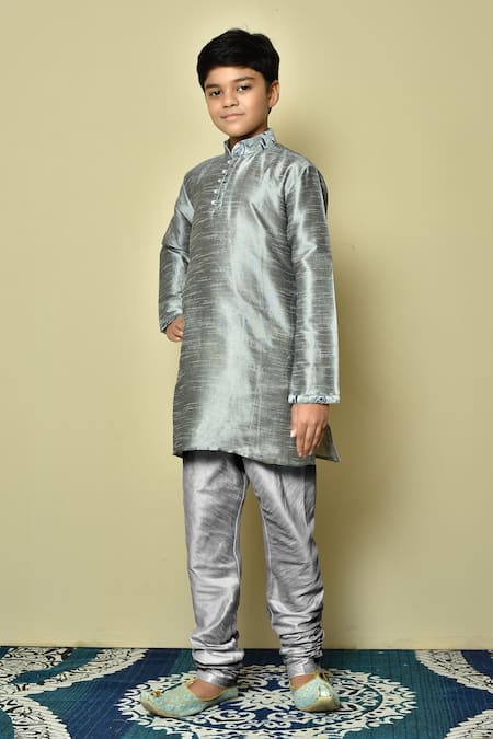 Arihant Rai Sinha Grey Dupion Art Silk Plain Floral Woven Kurta 