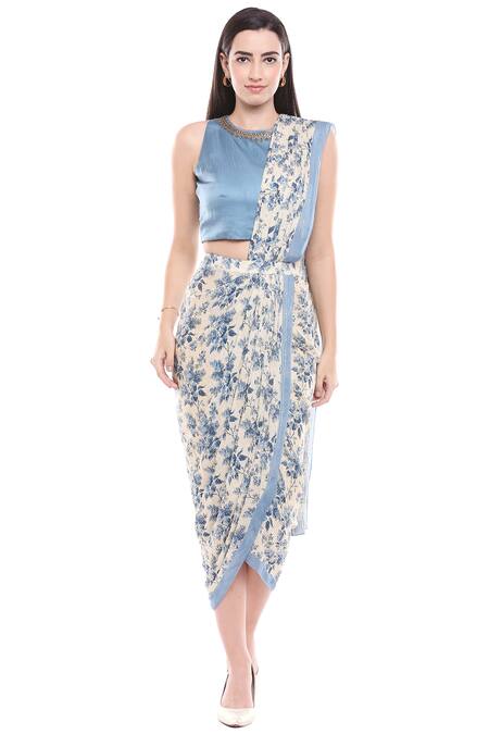 Buy_Soup By Sougat Paul_Blue Chiffon, Satin Round Pre-draped Saree With Blouse _Online_at_Aza_Fashions