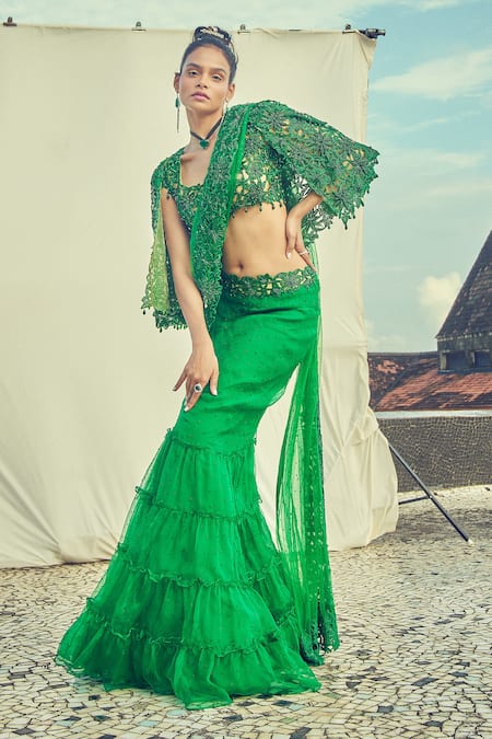 Surily G Green Organza Cutwork Tiered Skirt Saree