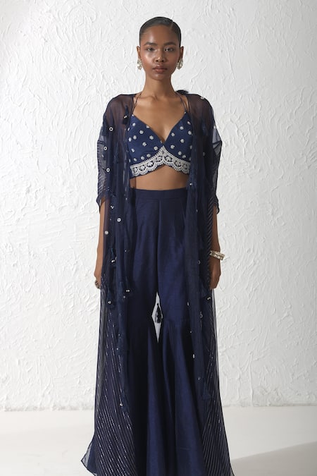 Rishi and Vibhuti Blue Crepe Embroidery Zardozi Kaena Ghungroo Embellished Cape And Flared Pant Set 