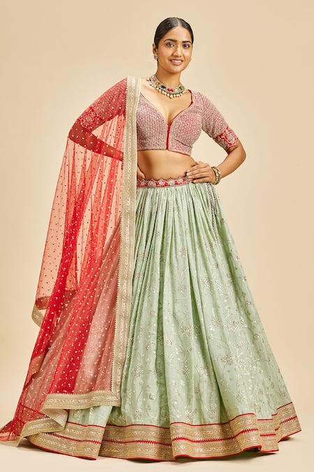 Nitika Gujral Green Lehenga Chinnon Embroidery Zari Leaf Neck Set 