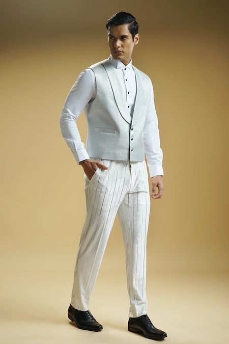 Kommal Sood White Velvet Silver Shawl Lapel Collared Waistcoat Pattern Trouser Set  