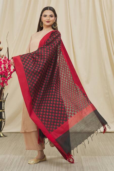 Shop_Naintara Bajaj_Black Cotton, Silk Embroidery Floral Woven Dupatta _Online_at_Aza_Fashions