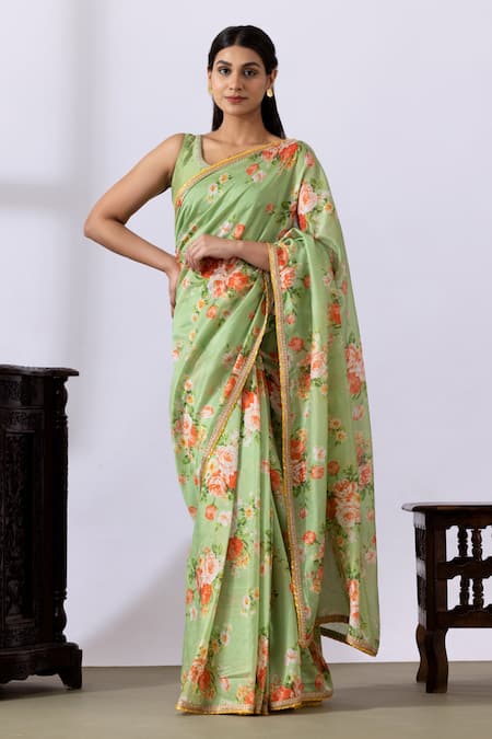Abbaran Green Chanderi Printed Floral Round Pre-draped Saree With Blouse 
