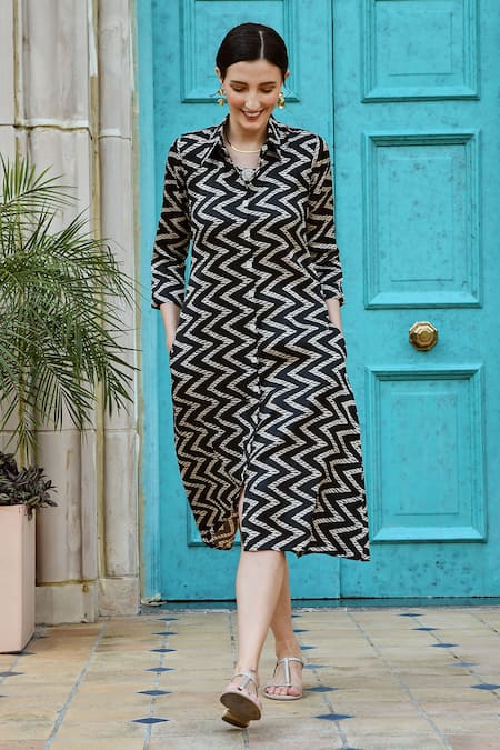 KARAJ JAIPUR Chevron Pattern Midi Shirt Dress 