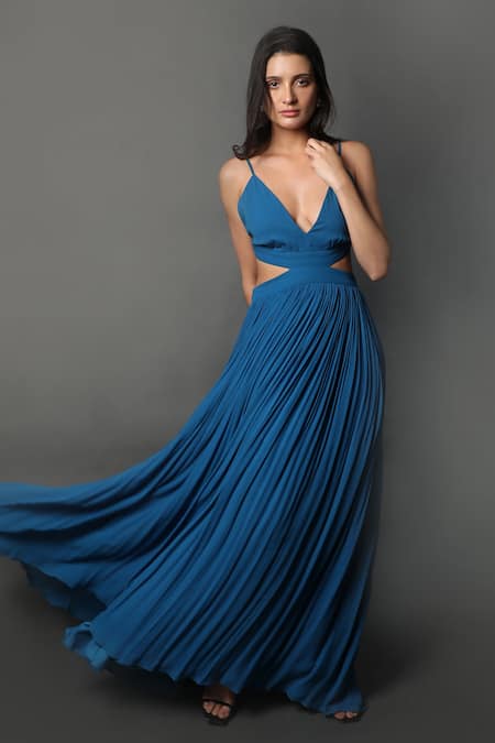Buy Blue Georgette Solid Plunge V Neck Strappy Sleeve Pleated Gown For ...