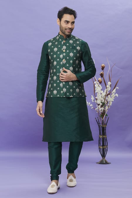 Aryavir Malhotra Green Art Banarasi Silk Printed Floral Kurta Set With Bundi 