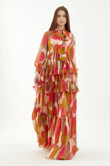 Koai Multi Color Chiffon Abstract Bow Tie Collar Pattern Layered Dress Online at Aza Fashions Koai_Multi Color Chiffon Abstract Bow Tie Collar Pattern Layered Dress _Online_at_Aza_Fashions