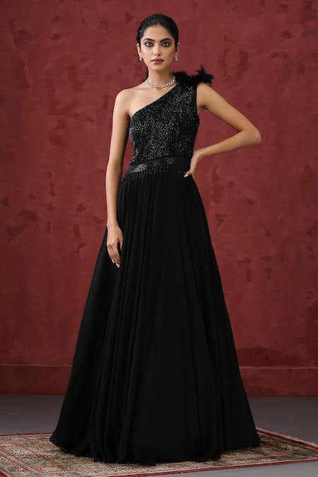 MINAKI Embroidered One Shoulder Gown 