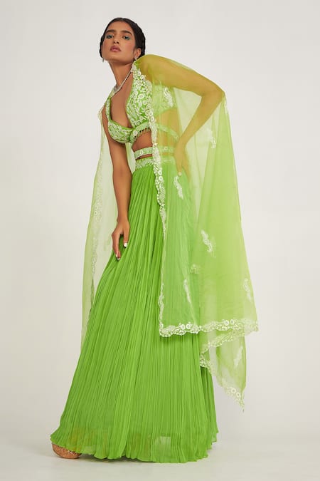 Asaga Green Silk, Organza, Viscose Embroidery, Lace V-neck Cora Waistband Lehenga Set