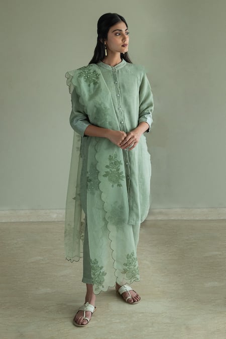 Shorshe Clothing_Green Handloom Cotton, Linen Embroidery Mandarin Collar Shirt Kurta And Pant Set_Online_at_Aza_Fashions