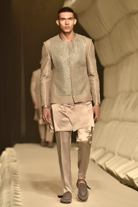 Rohit Gandhi + Rahul Khanna Grey Silk Embroidery Metallic Beads And Sequins Louvers Jacket 