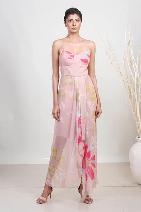 Garo Pink Chiffon Printed Floral Sweetheart Neck Corset Dress 