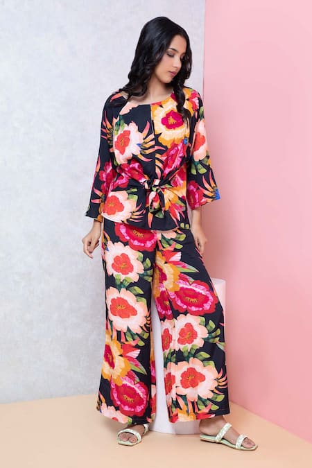 Rhe-Ana Vibrant Floral Print Knotted Top & Pant Set 