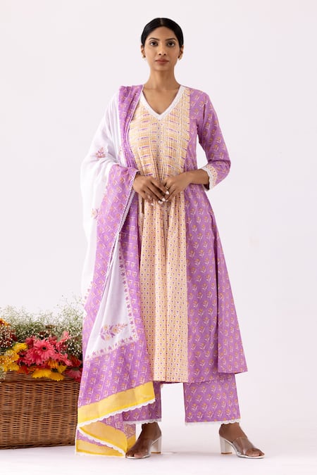 Abbaran Purple Cotton Cambric Printed And Embellished Floral Block Panelled Anarkali Set 