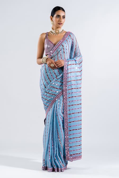 Vvani By Vani Vats Linear Pattern Pre-Draped Saree With Sequin Blouse 