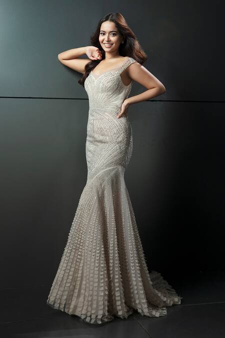 Shop_Rohit Gandhi + Rahul Khanna_Cream Tulle And Crepe Embroidery Crystals One Shoulder Starburst Off Gown _Online_at_Aza_Fashions