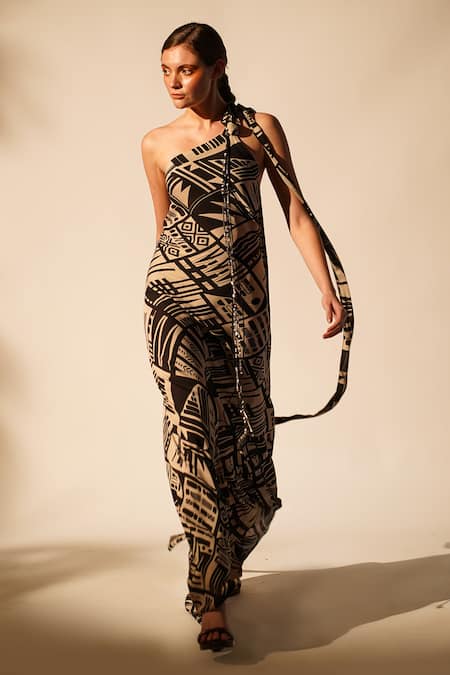 Nikita Mhaisalkar Abstract Print One Shoulder Gown 