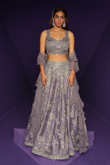 Rishi And Soujit Purple Raw Silk And Georgette Embroidery Scallop Pattern Lehenga Set  
