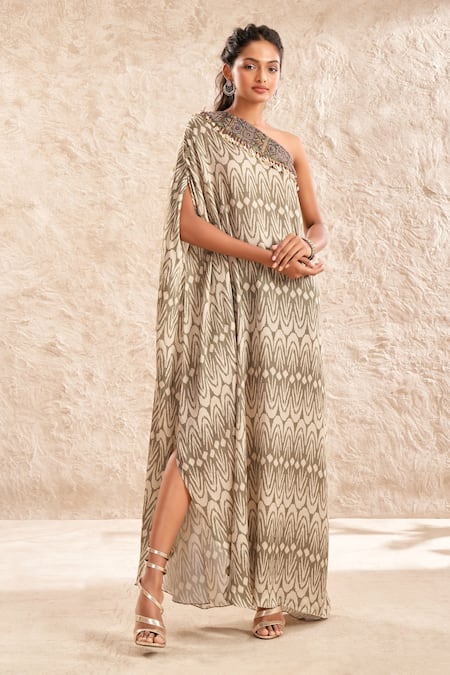 Aditi Somani Green Modal, Satin Tassels, Embroidery Asymmetric One Shoulder Gown 