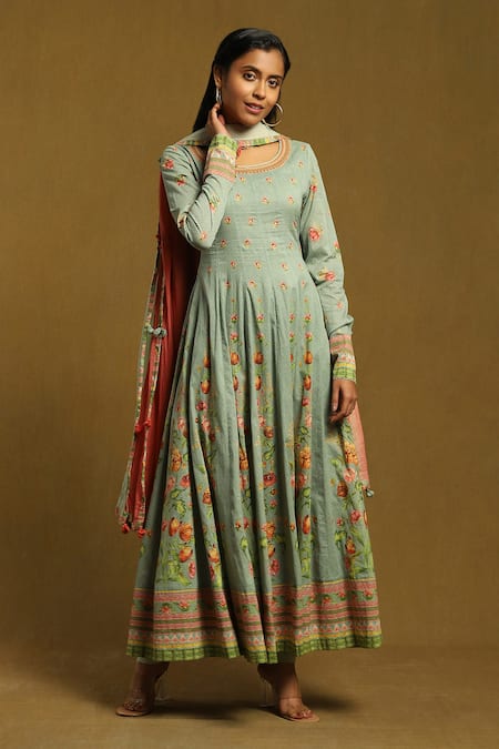 Ritu Kumar Green Cotton Satin, Viscose Embroidery, Tassels Scoop Floral Print Anarkali Set 