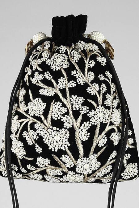 ClutcH'D Black Embroidery, Pearls, Zari Velvet Potli Bag Online at Aza Fashions ClutcH'D_Black Embroidery, Pearls, Zari Velvet Potli Bag _Online_at_Aza_Fashions
