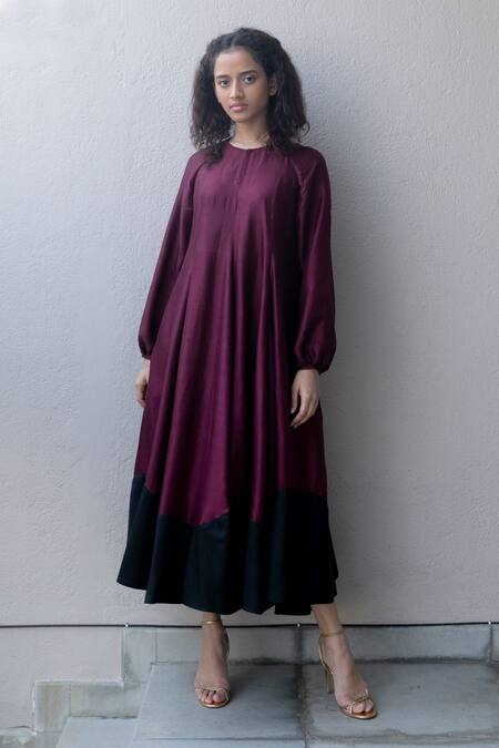 Kavya Singh Kundu Maroon Silk Round Neck Port Mulberry Colour Block Hem Dress Online at Aza Fashions Kavya Singh Kundu_Maroon Silk Round Neck Port Mulberry Colour Block Hem Dress _Online_at_Aza_Fashions
