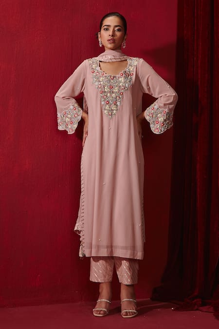 Ajiesh Oberoi Pink Georgette And Rayon Embroidered Floral Riwaaz Intricate Straight Kurta Set 