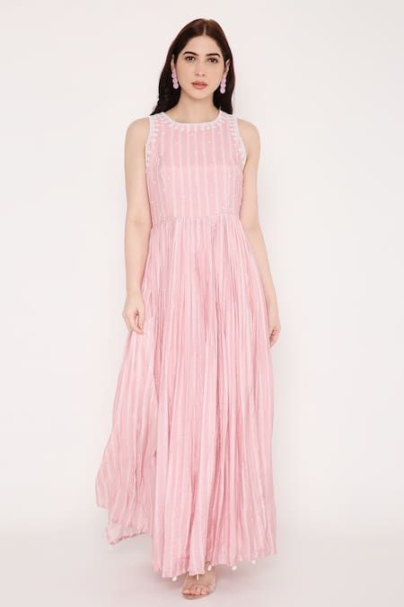 Bha Sha Pink Muslin Sequins, Beads Halter Neck Ema Bandhani Print Dress 