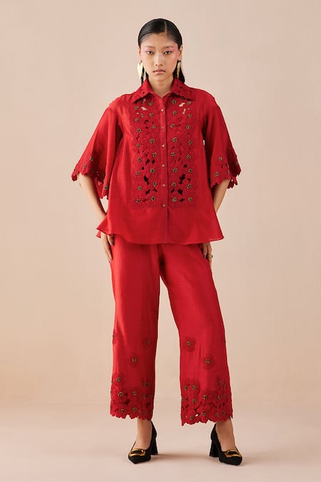 red shirt with bell sleeves