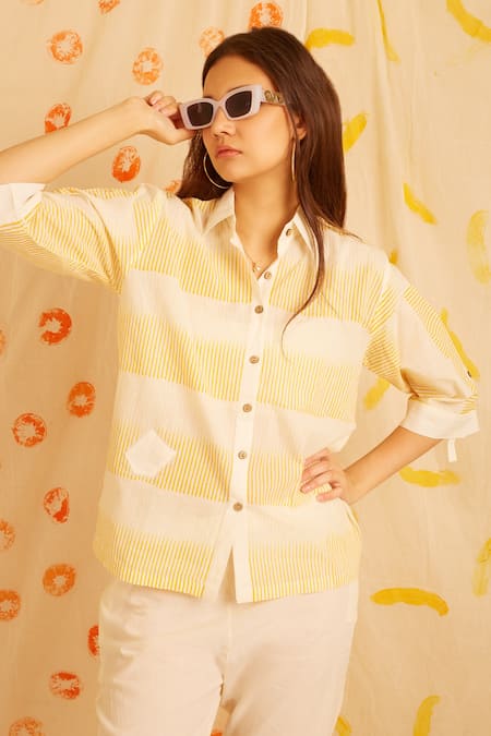 Banana Labs Yellow Cotton Embroidery Collared Hand Block Print Shirt And Pant Set 