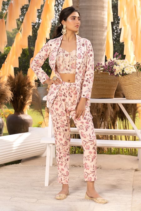 Chhavvi Aggarwal Cream Crepe Sequins, Cut Work Collared Floral Print Blazer And Pant Set 